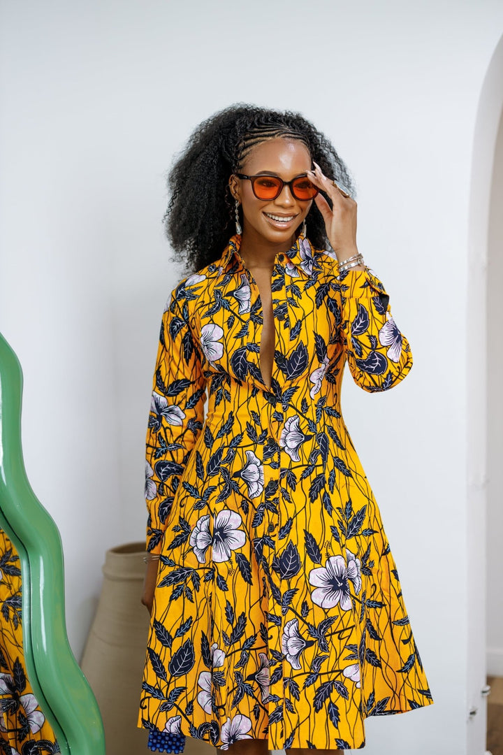 VERA AFRICAN PRINT FLARE SHIRT MIDI DRESS [YELLOW] - Especially Yours