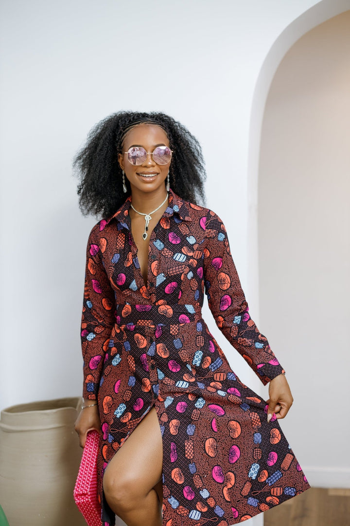 VERA AFRICAN PRINT FLARE SHIRT MIDI DRESS - Especially Yours