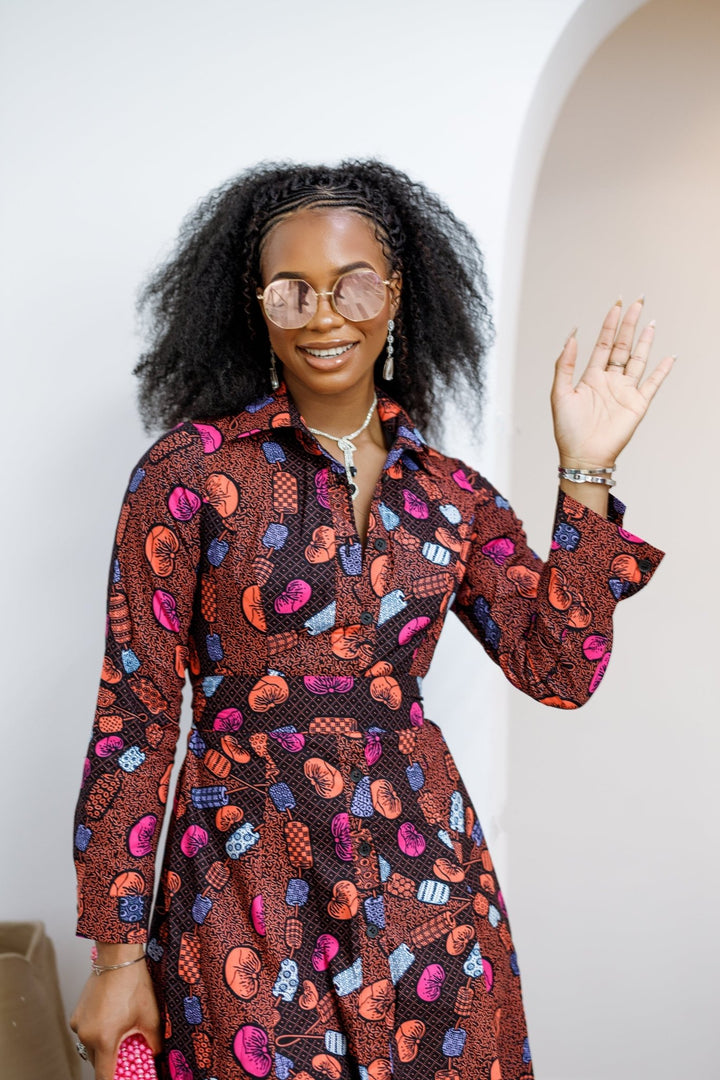 VERA AFRICAN PRINT FLARE SHIRT MIDI DRESS - Especially Yours