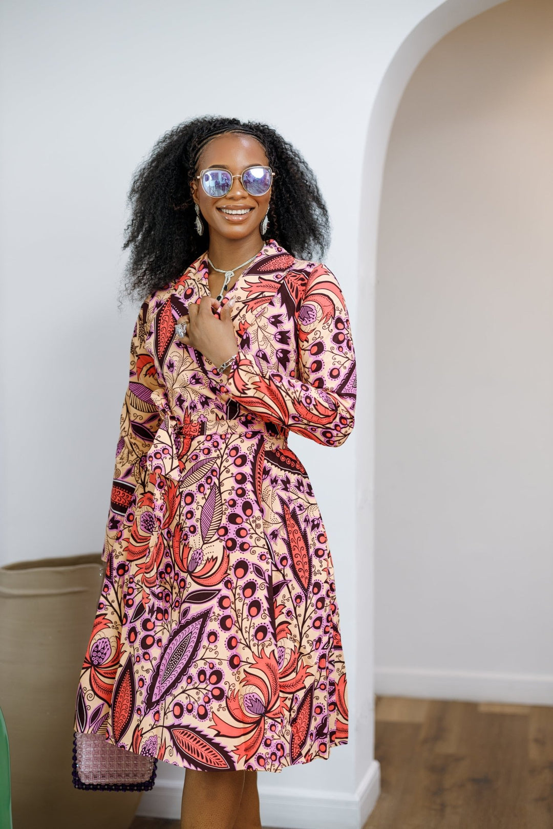 midi dress multicolor Irne Multicolor Midi Dress with Sheer Hem