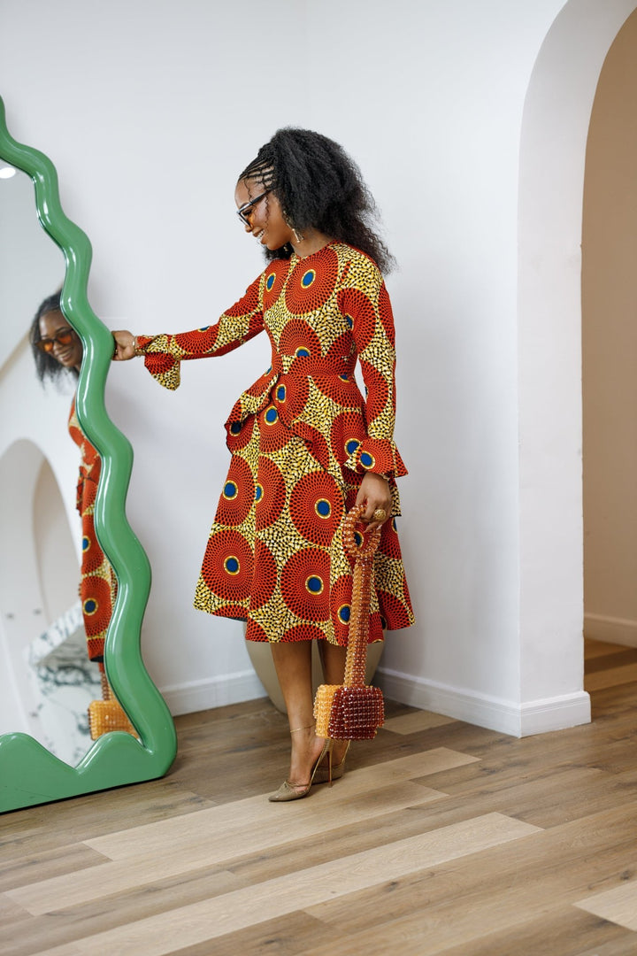 KOFI AFRICAN PRINT LAYERED FLARE MIDI DRESS [ORANGE] - Especially Yours