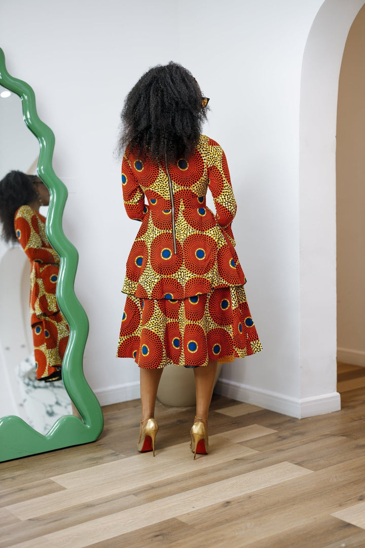 KOFI AFRICAN PRINT LAYERED FLARE MIDI DRESS [ORANGE] - Especially Yours