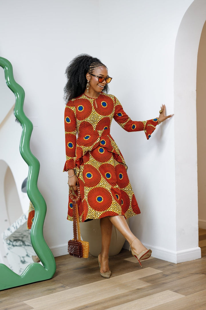 KOFI AFRICAN PRINT LAYERED FLARE MIDI DRESS [ORANGE] - Especially Yours