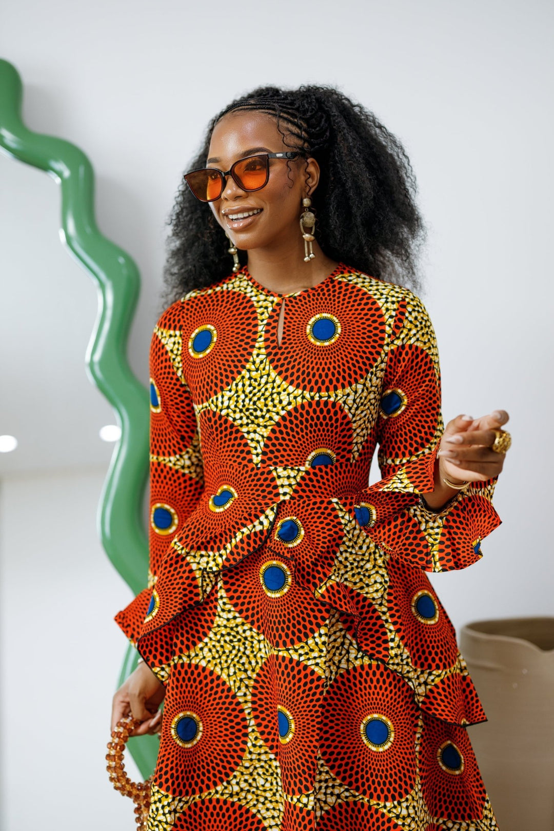 KOFI AFRICAN PRINT LAYERED FLARE MIDI DRESS [ORANGE] - Especially Yours
