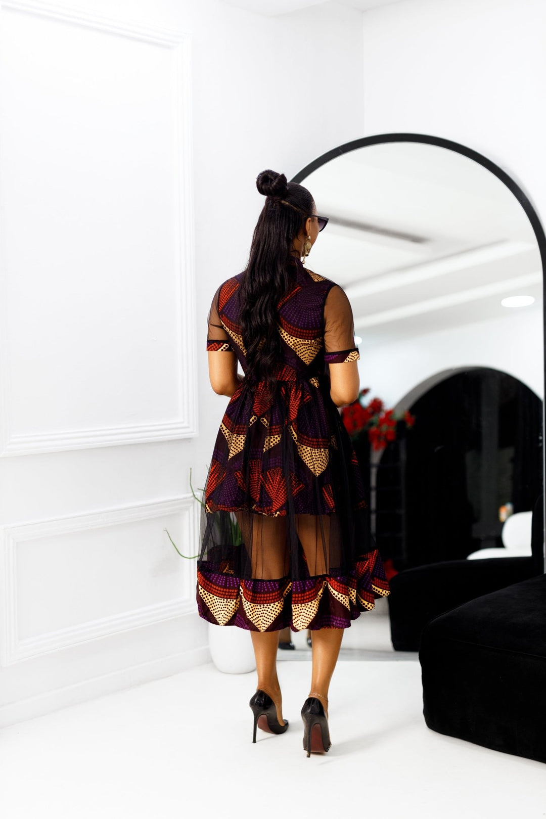 VALENTINA AFRICAN PRINT BUTTON MESH DRESS [PURPLE] - Especially Yours