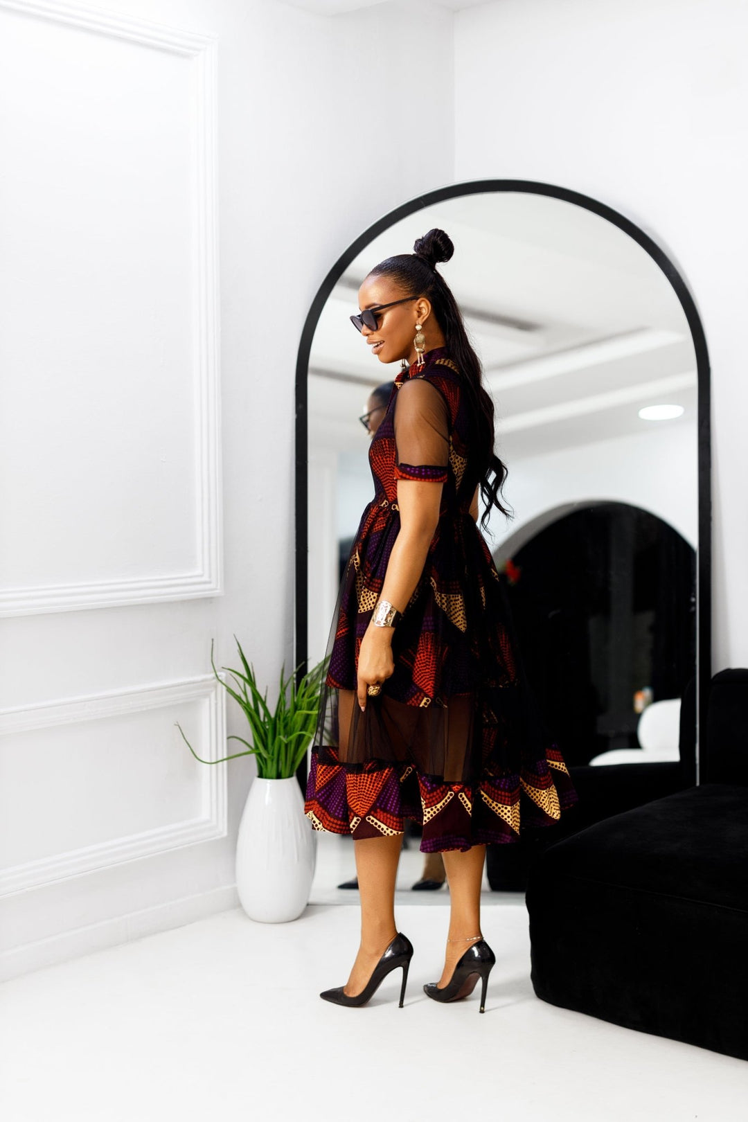 VALENTINA AFRICAN PRINT BUTTON MESH DRESS [PURPLE] - Especially Yours