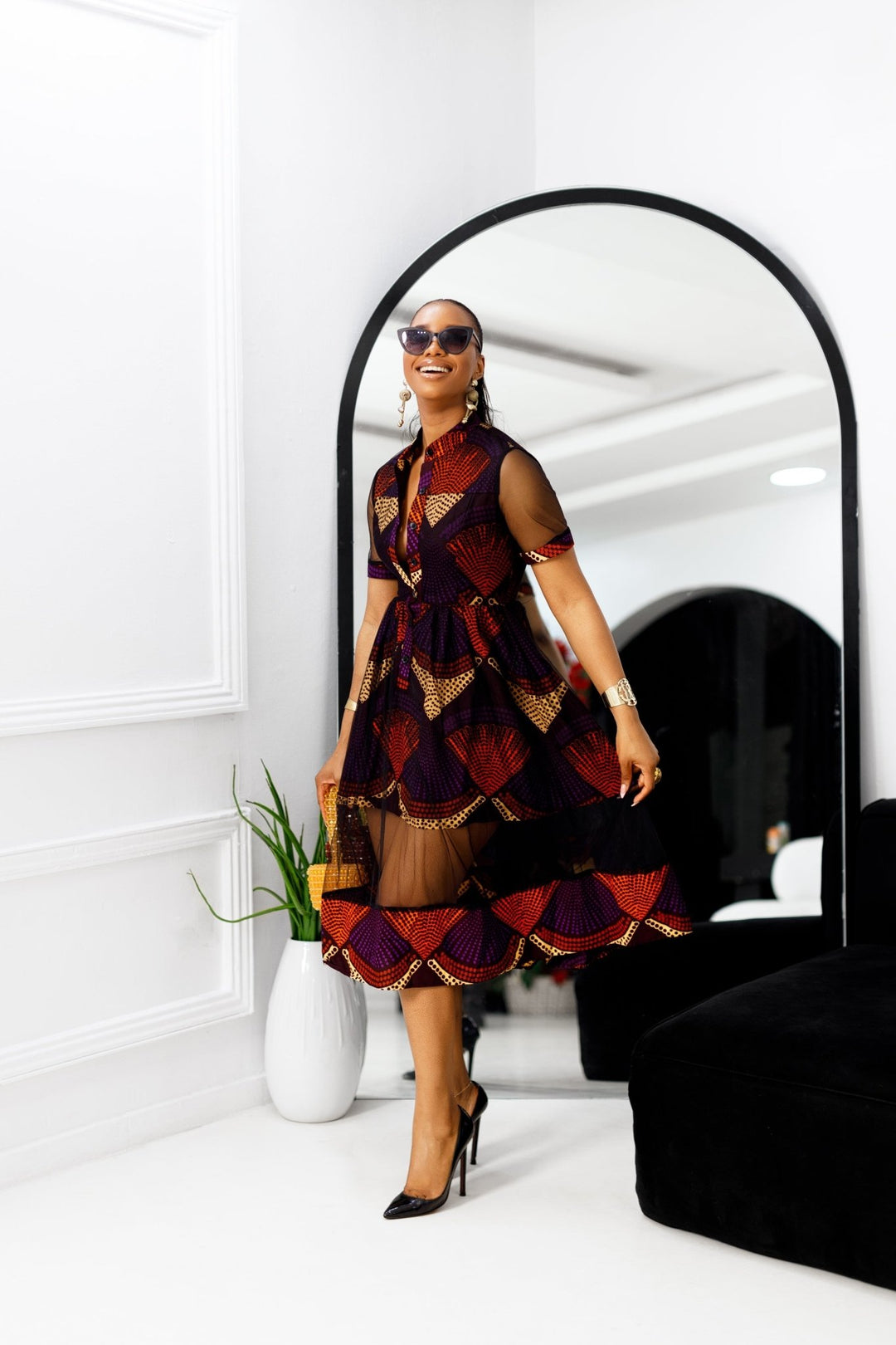 VALENTINA AFRICAN PRINT BUTTON MESH DRESS [PURPLE] - Especially Yours