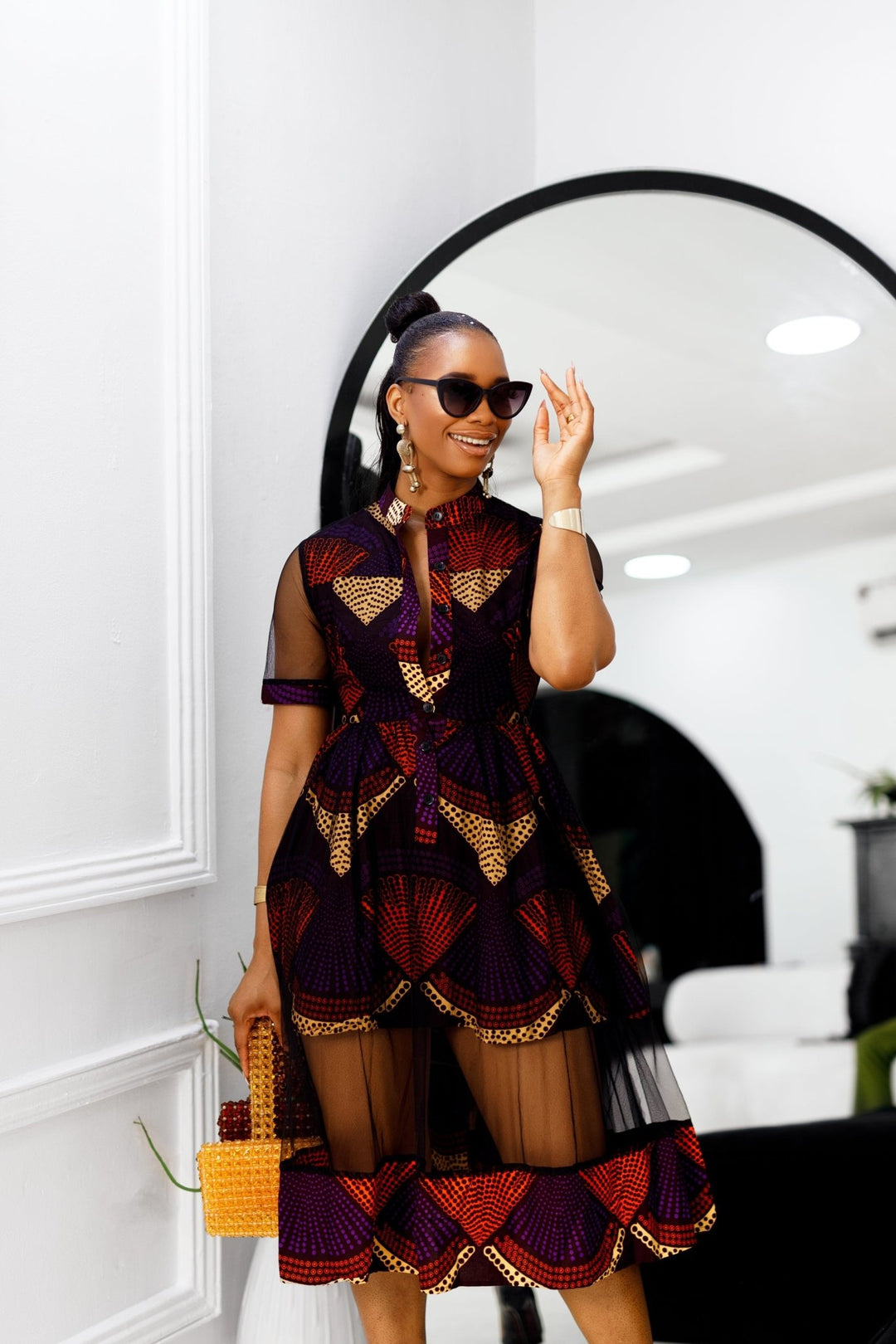 VALENTINA AFRICAN PRINT BUTTON MESH DRESS [PURPLE] - Especially Yours