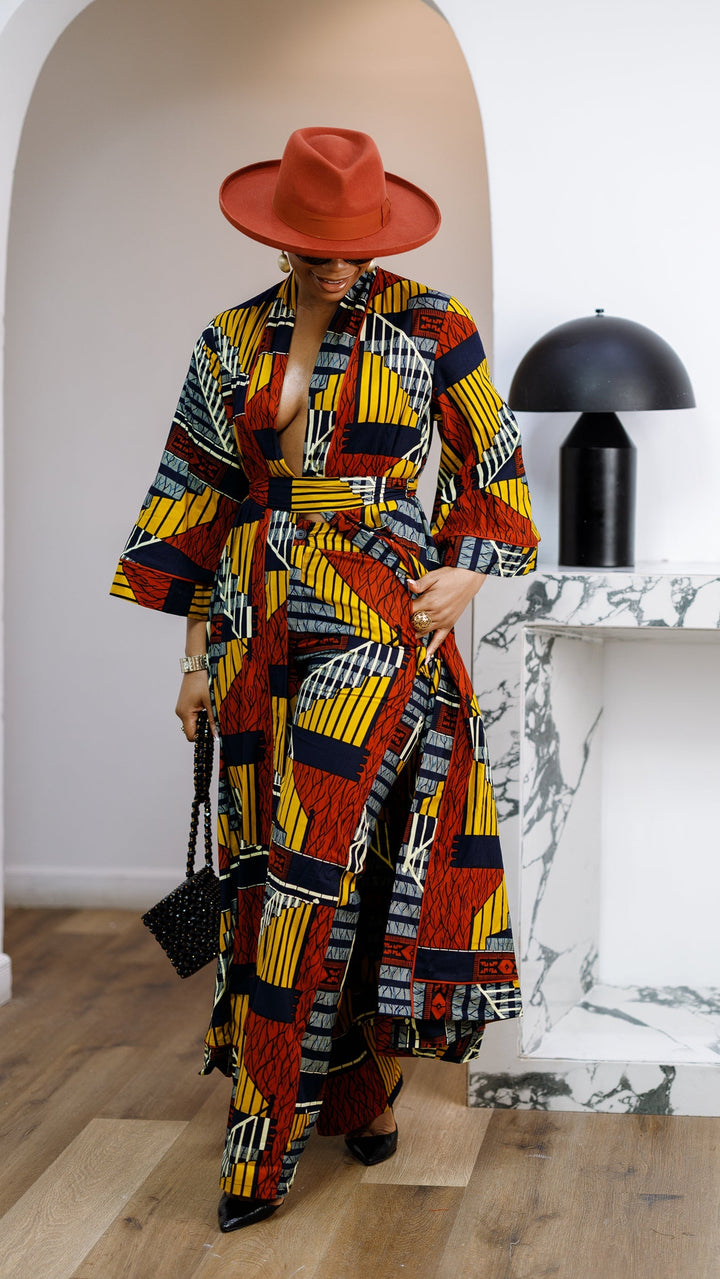 FADE AFRICAN PRINT MAXI KIMONO AND PANTS SET [MULTICOLOR]