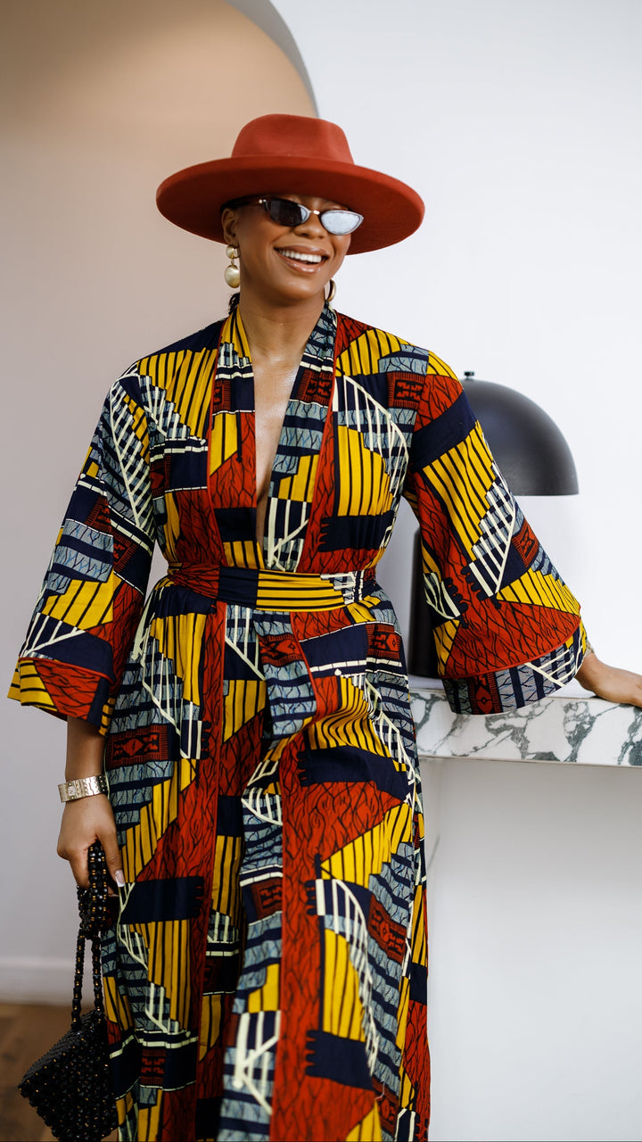 FADE AFRICAN PRINT MAXI KIMONO AND PANTS SET [MULTICOLOR]