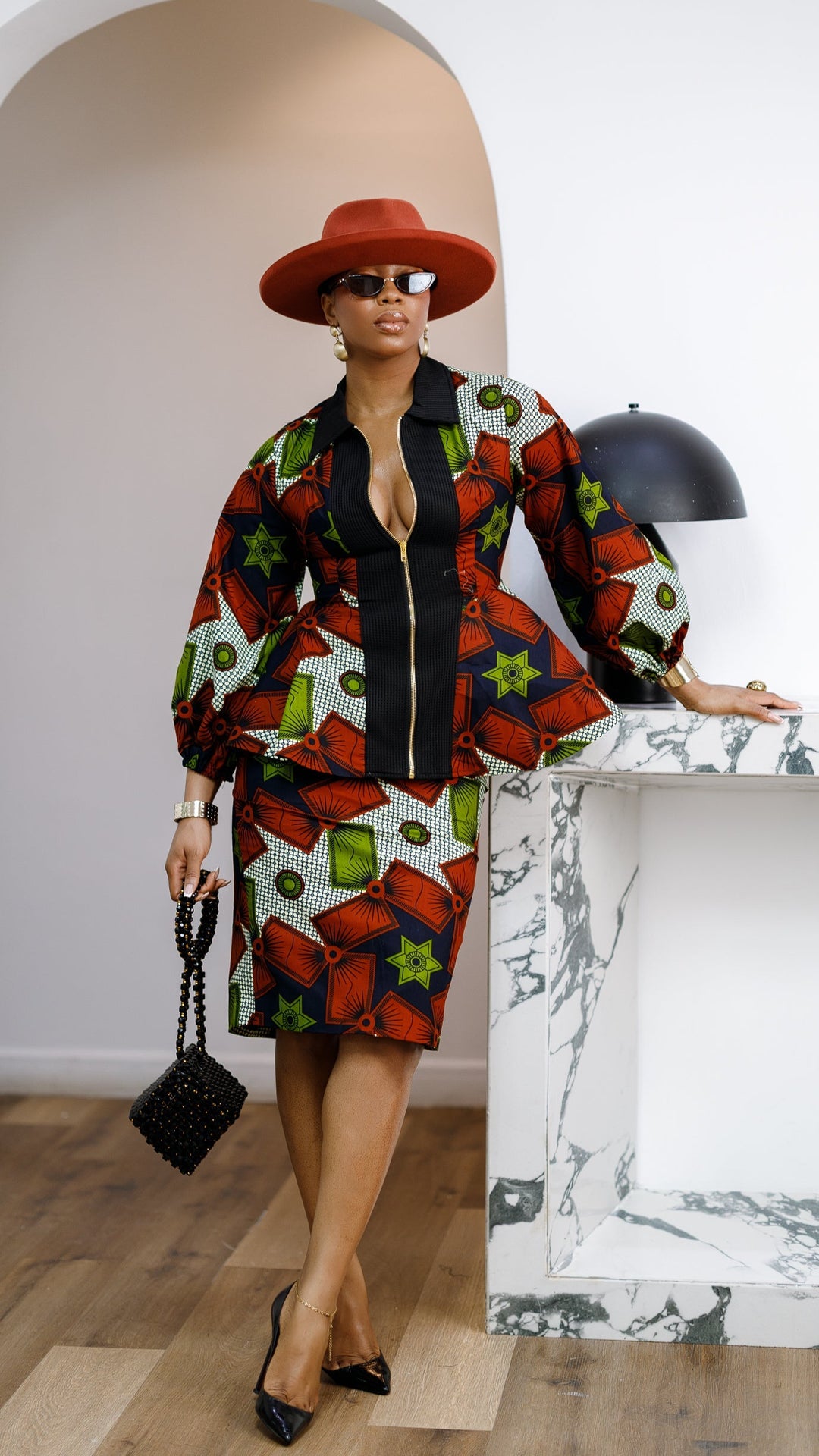 KANYIN AFRICAN PRINT ZIP-FRONT PEPLUM TOP AND SKIRT SET