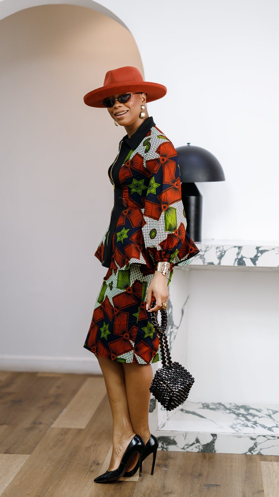 KANYIN AFRICAN PRINT ZIP-FRONT PEPLUM TOP AND SKIRT SET