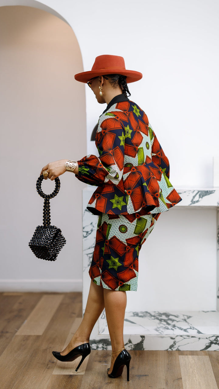 KANYIN AFRICAN PRINT ZIP-FRONT PEPLUM TOP AND SKIRT SET