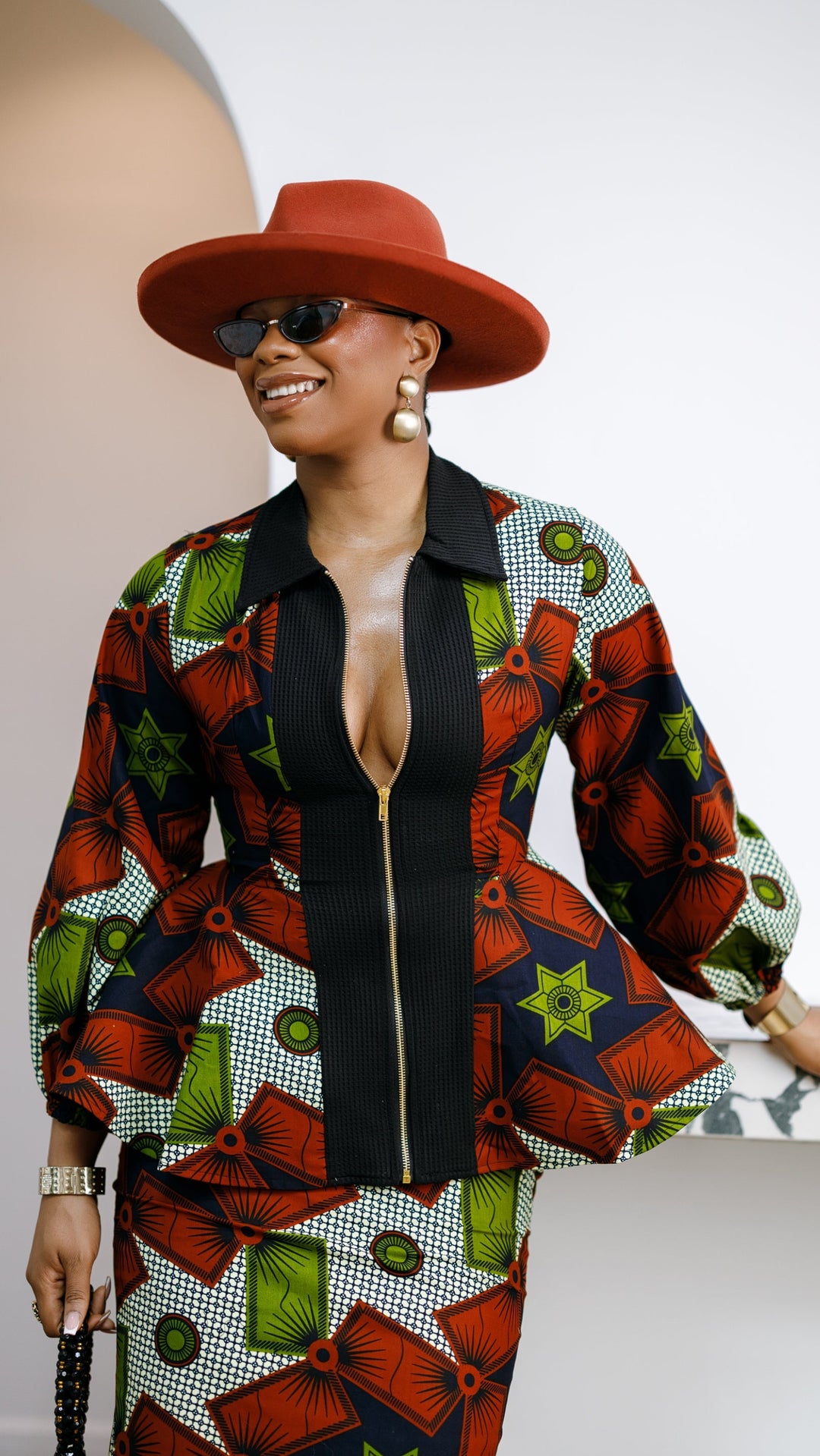 KANYIN AFRICAN PRINT ZIP-FRONT PEPLUM TOP AND SKIRT SET