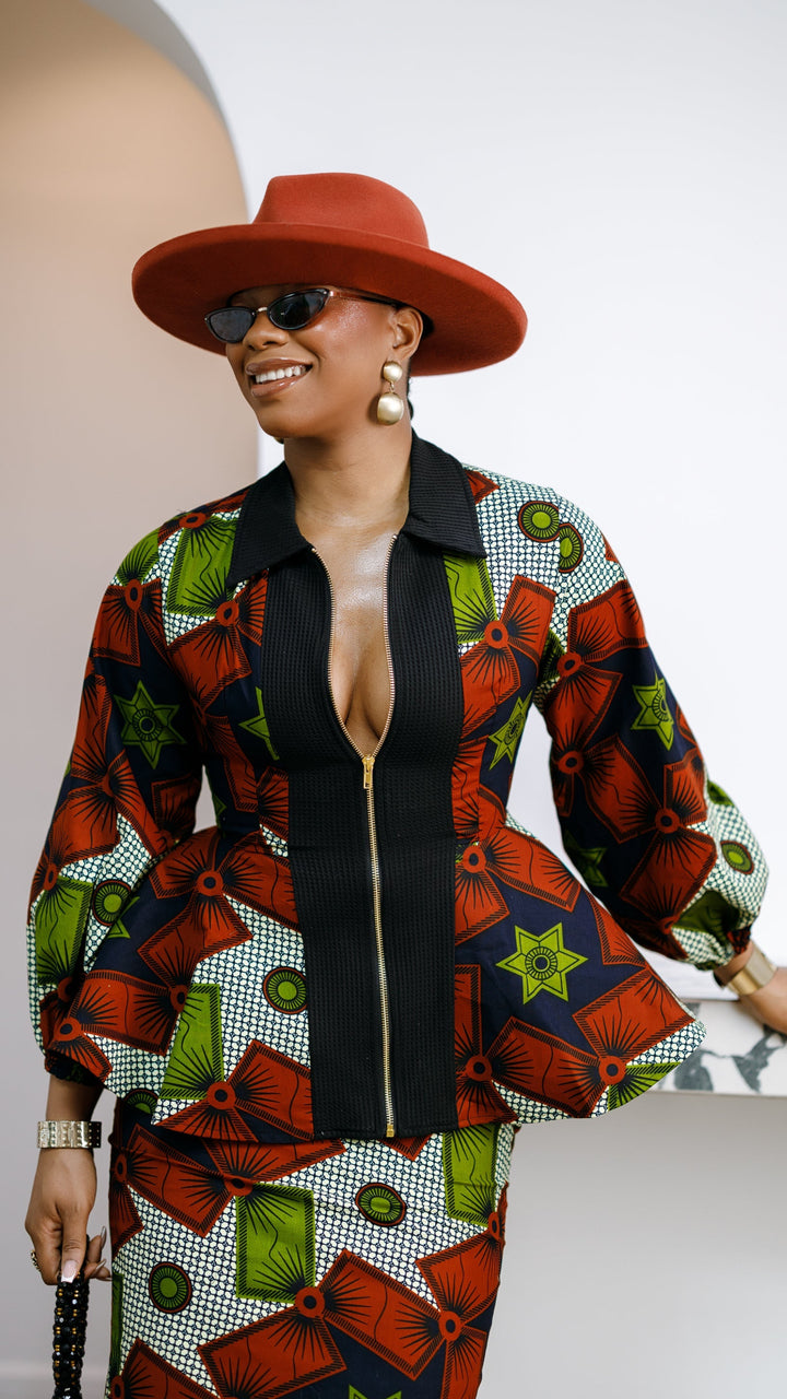KANYIN AFRICAN PRINT ZIP-FRONT PEPLUM TOP AND SKIRT SET
