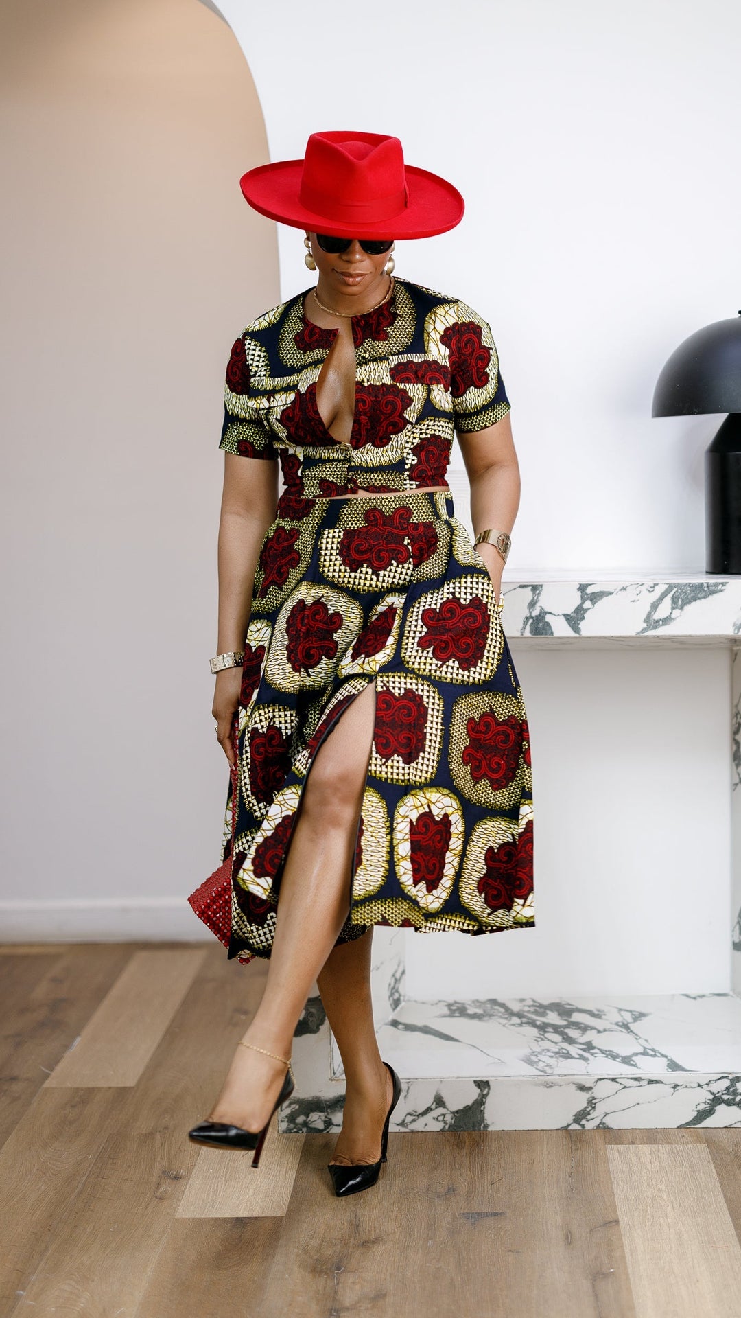 AMARA AFRICAN PRINT CROP TOP & MIDI SKIRT SET [RED]