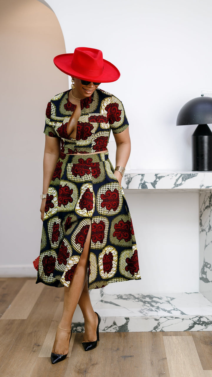 AMARA AFRICAN PRINT CROP TOP & MIDI SKIRT SET [RED]