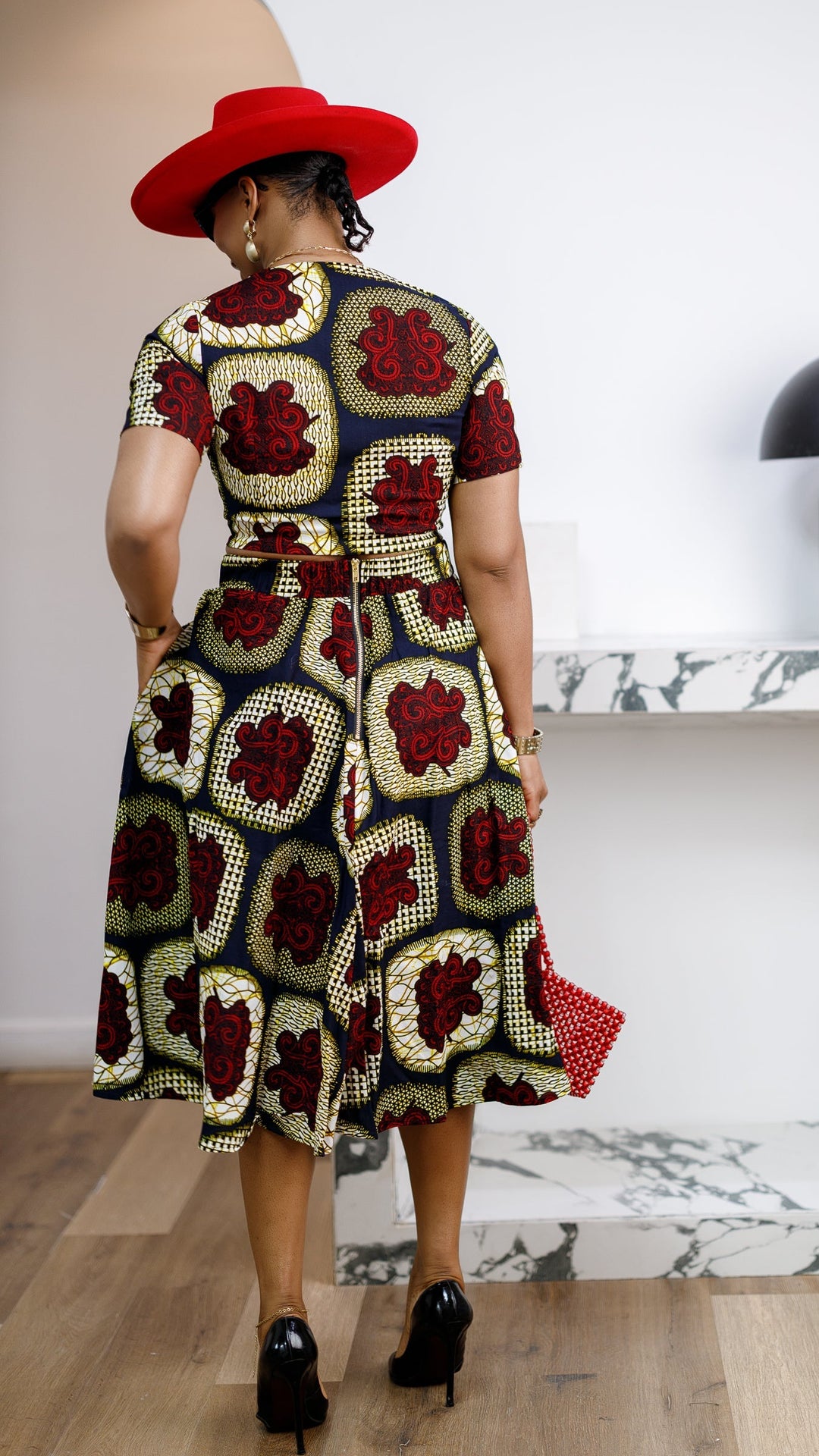 AMARA AFRICAN PRINT CROP TOP & MIDI SKIRT SET [RED]