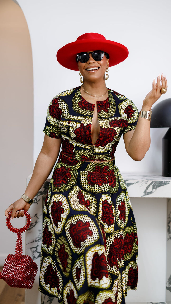 AMARA AFRICAN PRINT CROP TOP & MIDI SKIRT SET [RED]