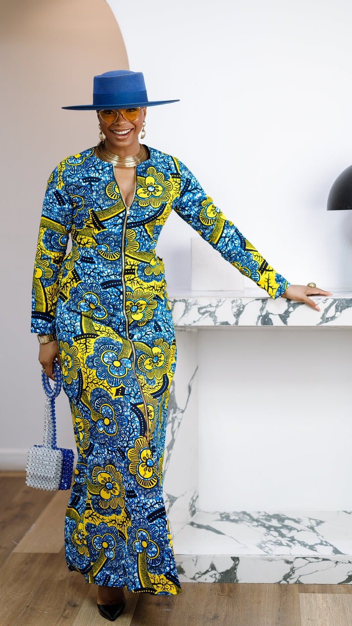 FARIDA AFRICAN PRINT LONG SLEEVE FRONT ZIP MAXI DRESS [MULTICOLOR]