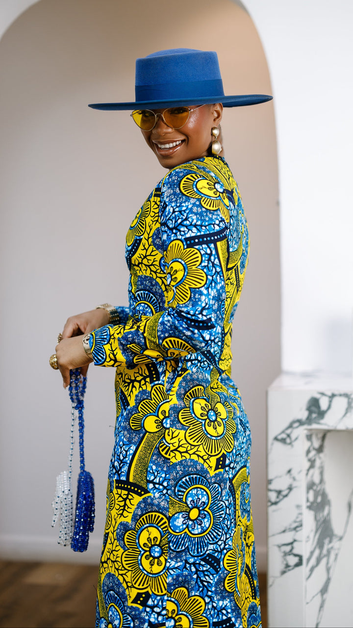 FARIDA AFRICAN PRINT LONG SLEEVE FRONT ZIP MAXI DRESS [MULTICOLOR]