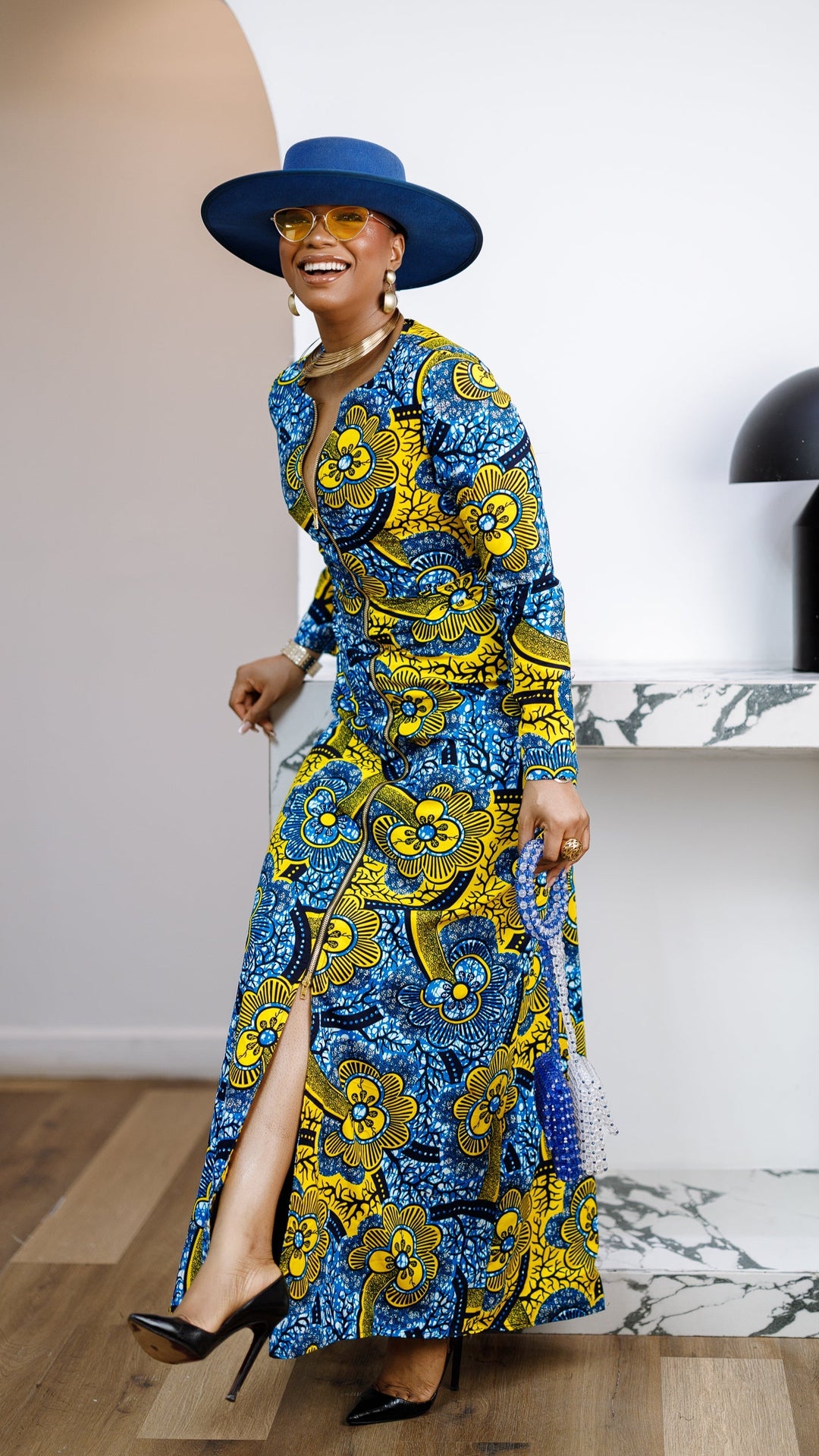FARIDA AFRICAN PRINT LONG SLEEVE FRONT ZIP MAXI DRESS [MULTICOLOR]