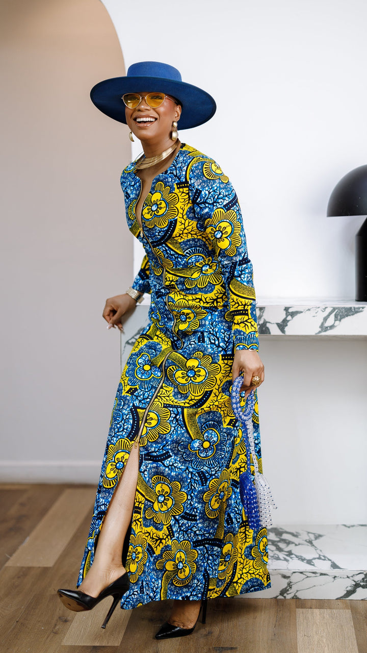 FARIDA AFRICAN PRINT LONG SLEEVE FRONT ZIP MAXI DRESS [MULTICOLOR]