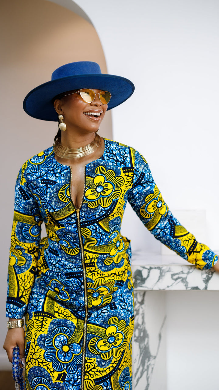 FARIDA AFRICAN PRINT LONG SLEEVE FRONT ZIP MAXI DRESS [MULTICOLOR]
