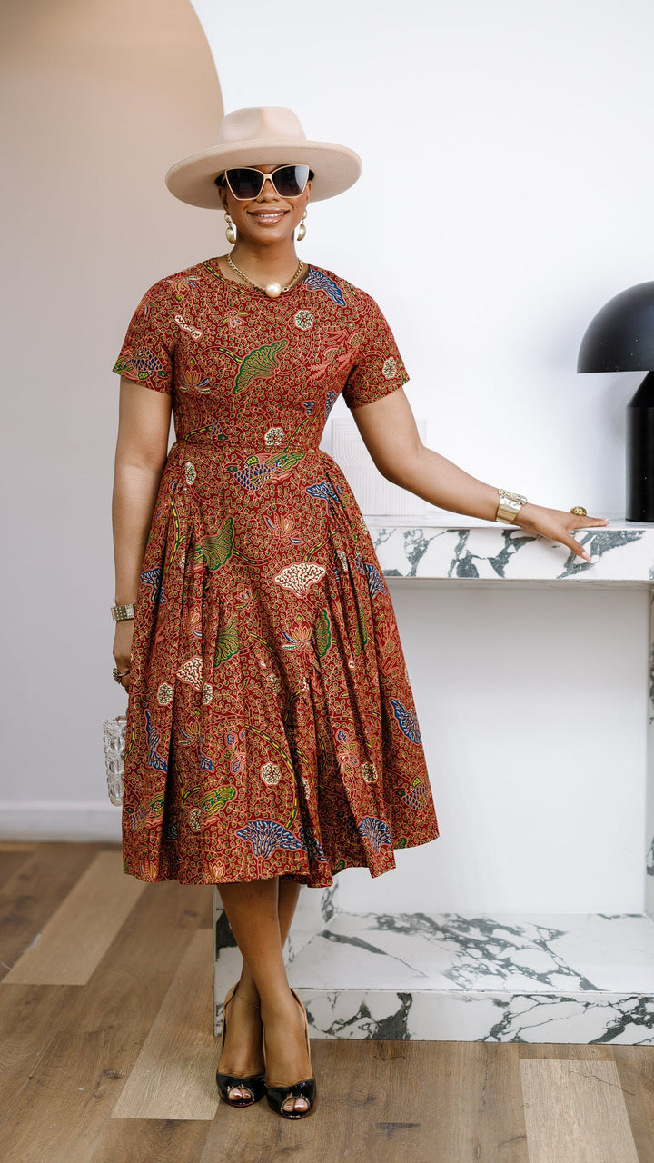 JAYE AFRICAN PRINT FIT-AND-FLARE MIDI DRESS