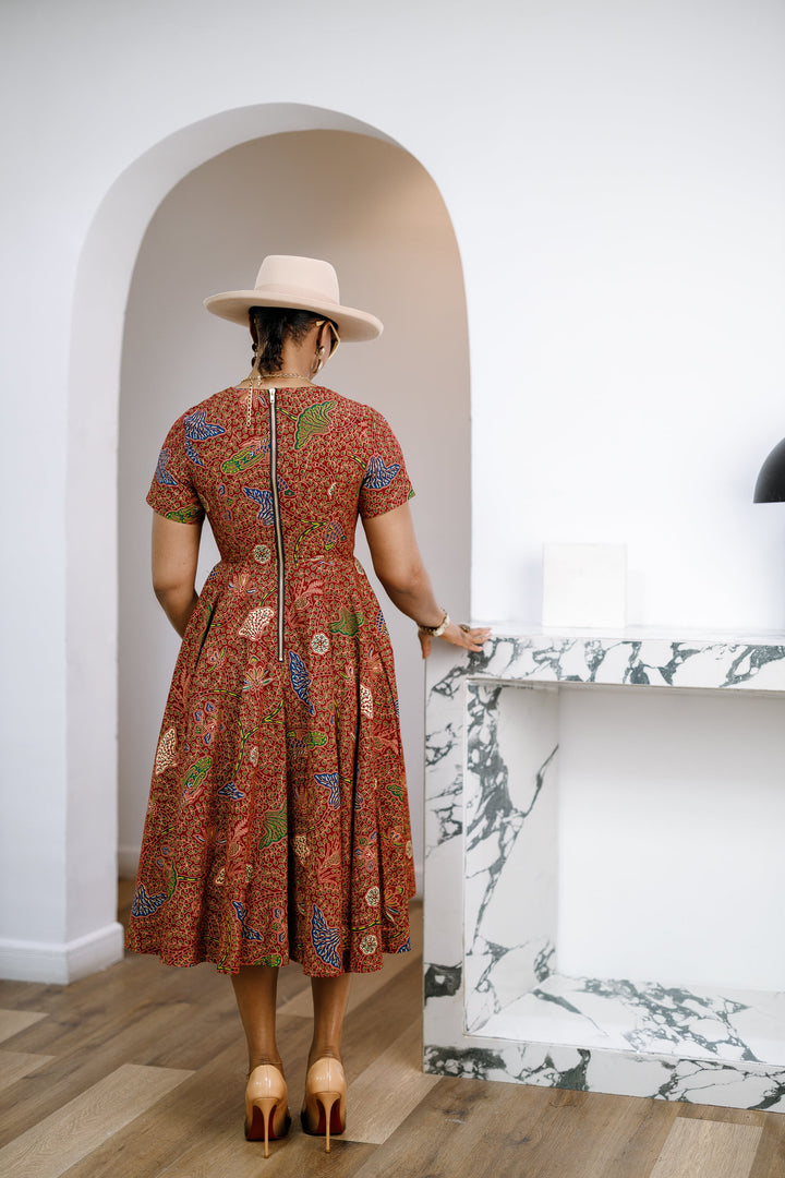 JAYE AFRICAN PRINT FIT-AND-FLARE MIDI DRESS