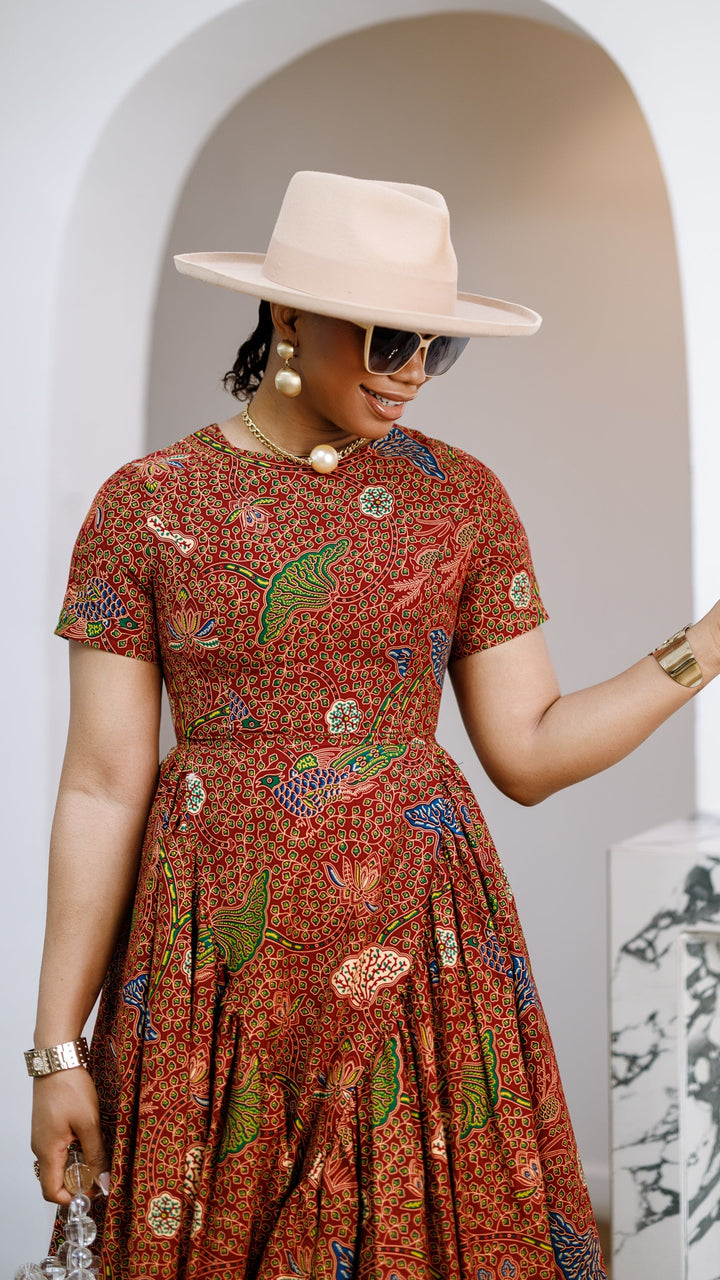 JAYE AFRICAN PRINT FIT-AND-FLARE MIDI DRESS