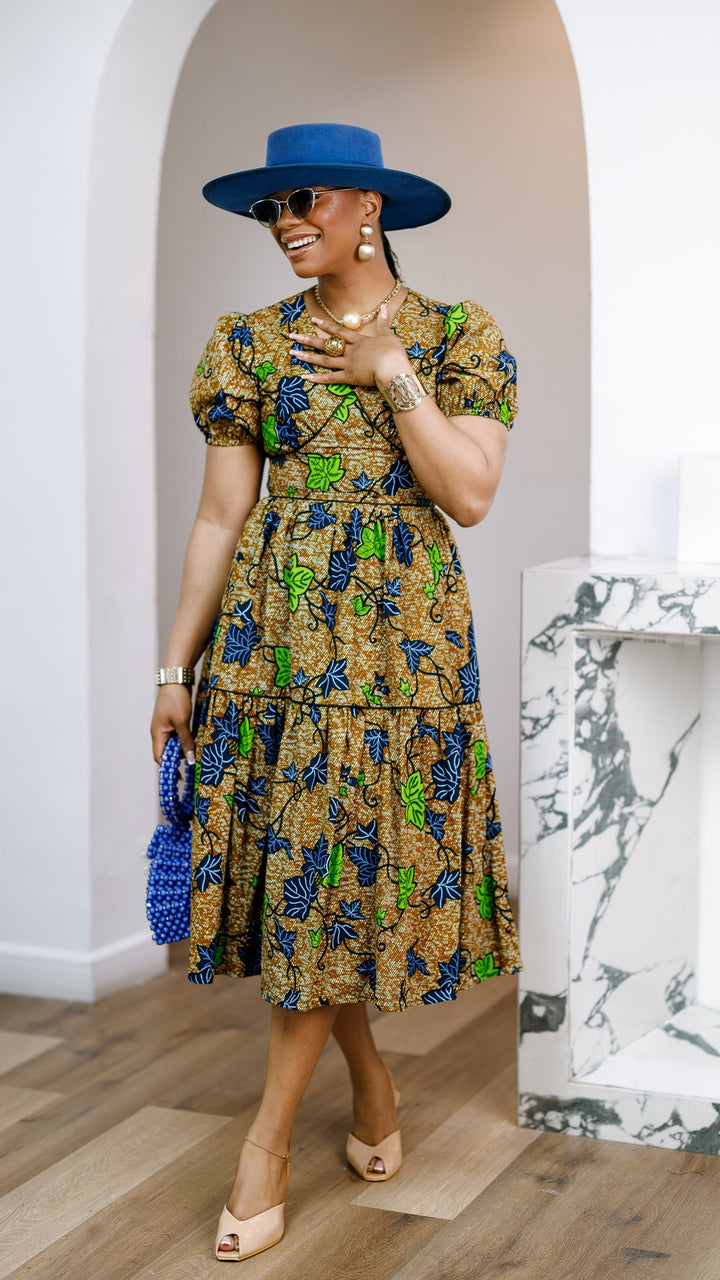 AYO AFRICAN PRINT PUFF-SLEEVE TIERED MIDI DRESS