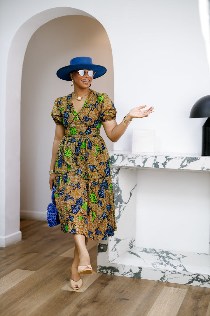 AYO AFRICAN PRINT PUFF-SLEEVE TIERED MIDI DRESS