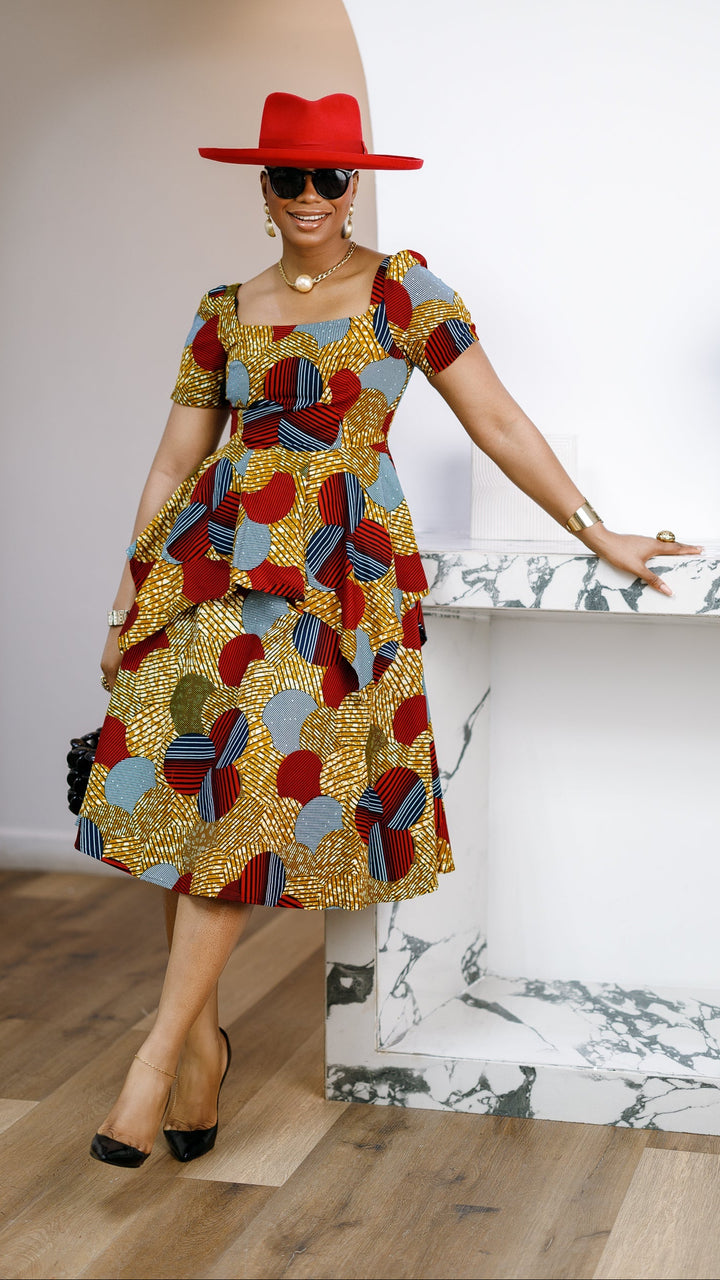 ADUKE AFRICAN PRINT PEPLUM MIDI DRESS [RED]