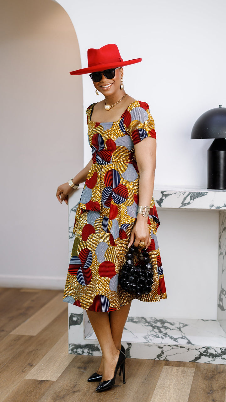 ADUKE AFRICAN PRINT PEPLUM MIDI DRESS [RED]