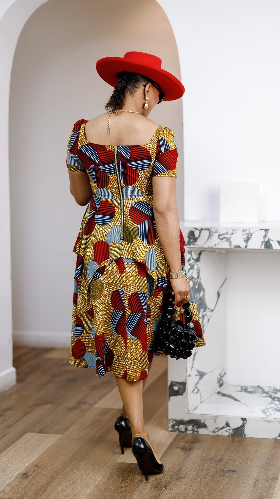 ADUKE AFRICAN PRINT PEPLUM MIDI DRESS [RED]