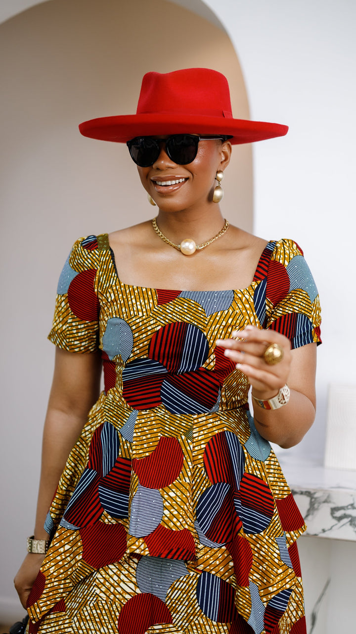 ADUKE AFRICAN PRINT PEPLUM MIDI DRESS [RED]