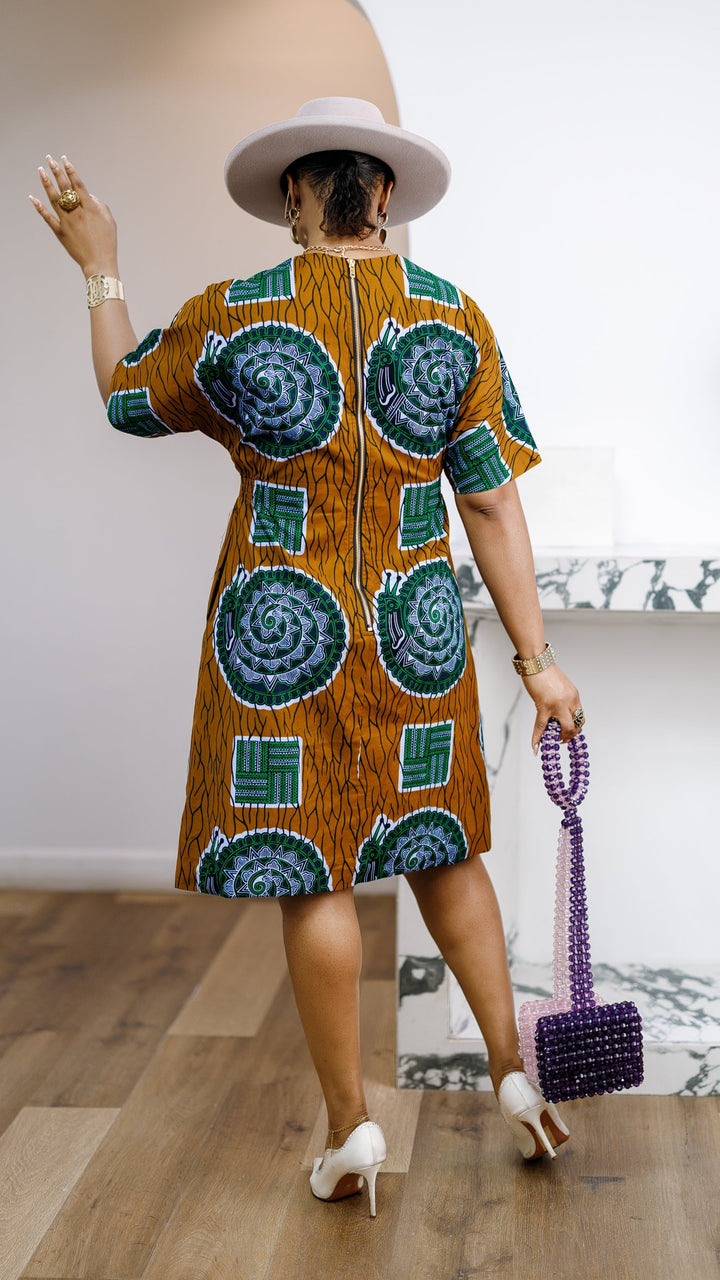 FIFI AFRICAN PRINT CINCHED-WAIST SHIFT DRESS [MULTICOLOR]