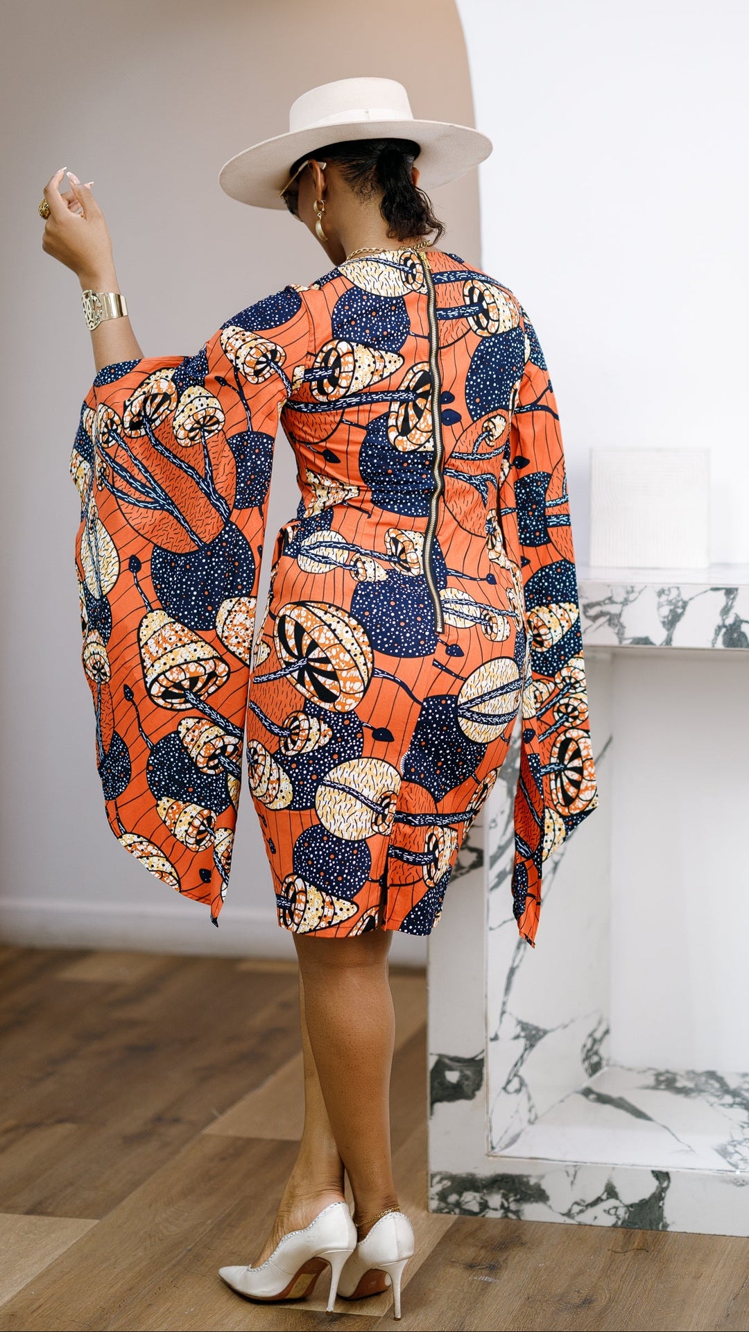 SADE AFRICAN PRINT CAPE SLEEVE MIDI DRESS