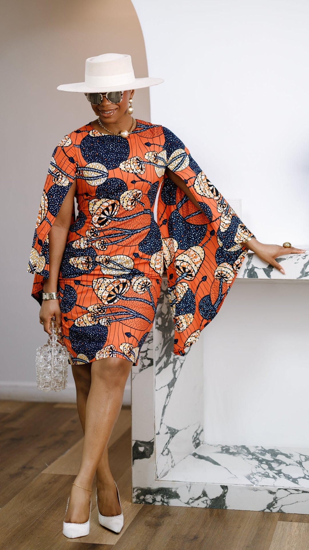 SADE AFRICAN PRINT CAPE SLEEVE MIDI DRESS