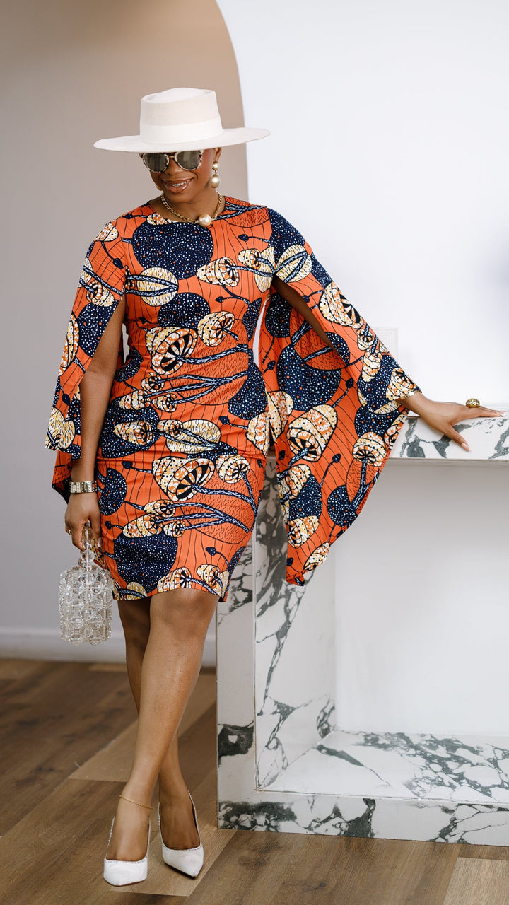 SADE AFRICAN PRINT CAPE SLEEVE MIDI DRESS