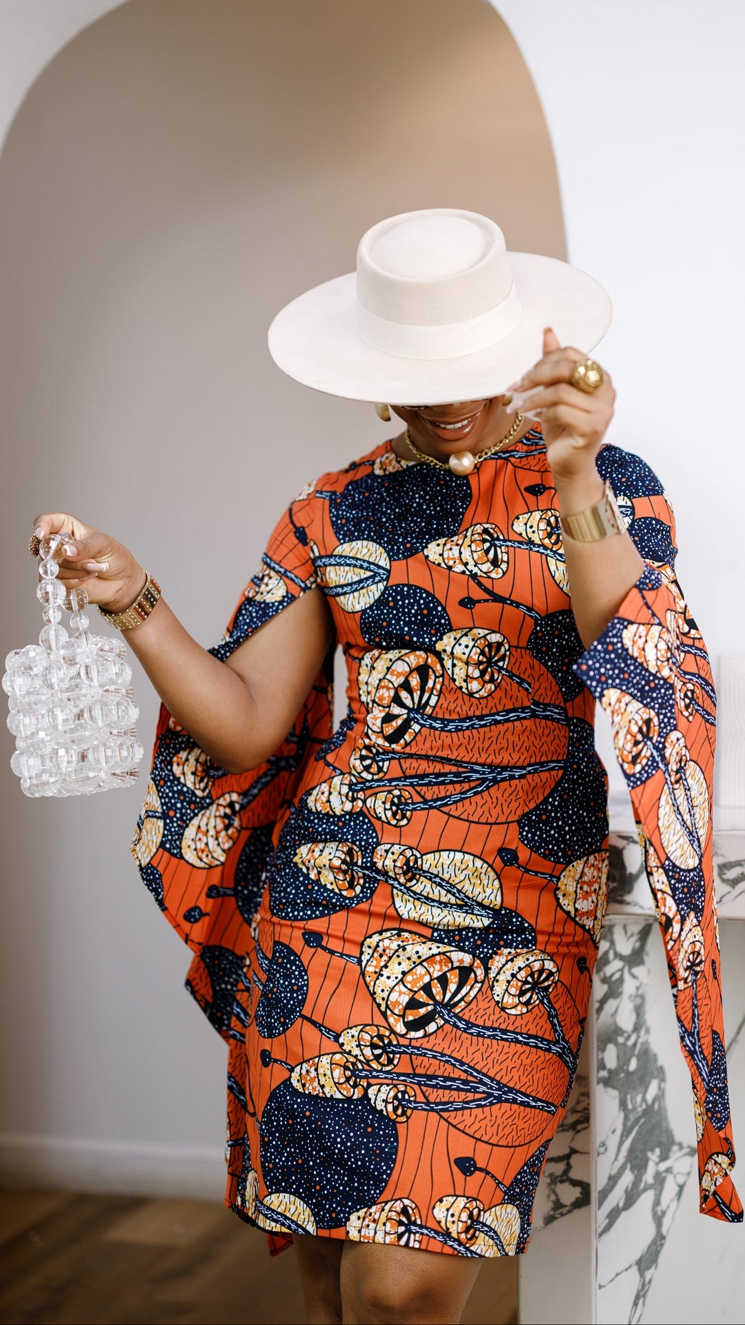 SADE AFRICAN PRINT CAPE SLEEVE MIDI DRESS