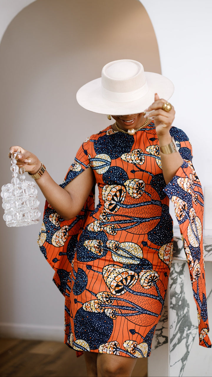 SADE AFRICAN PRINT CAPE SLEEVE MIDI DRESS