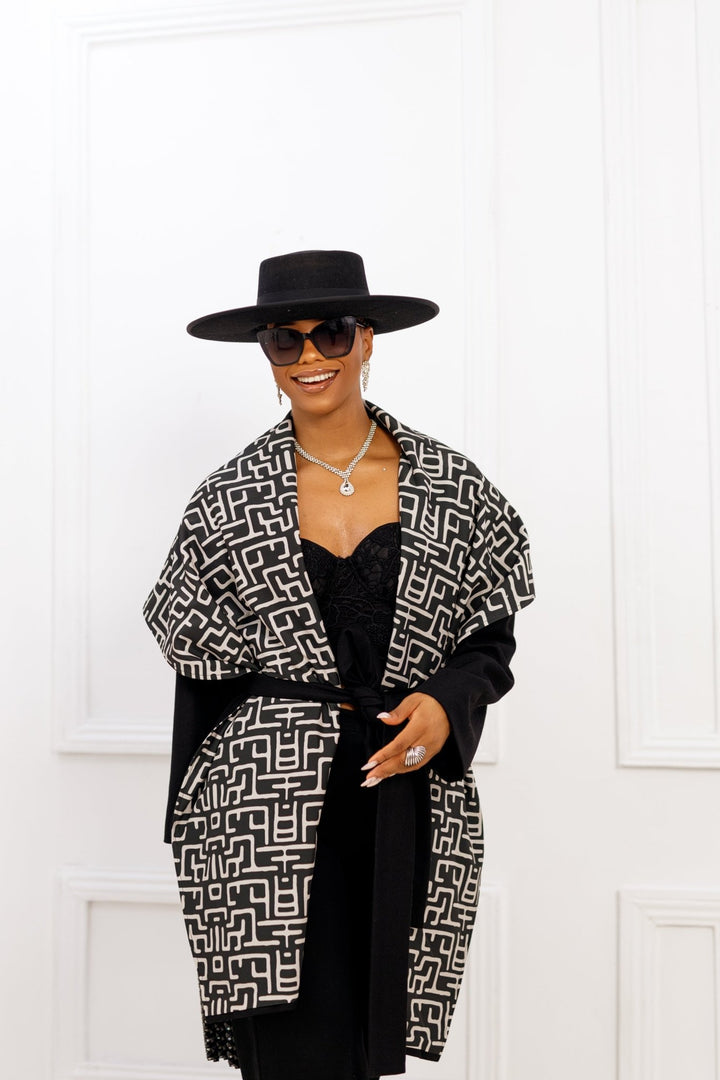 DONNA REVERSIBLE AFRICAN PRINT WOOL PONCHO [BLACK] - Especially Yours
