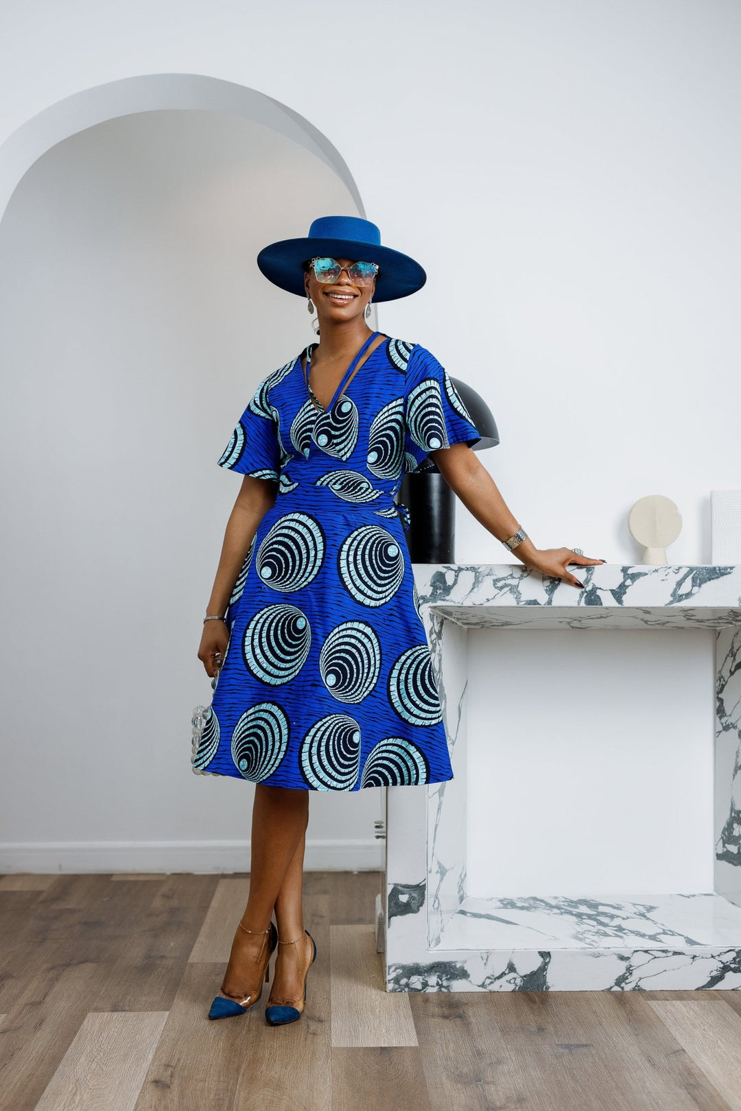TOSIN AFRICAN PRINT FLUTTER SLEEVE DRESS [BLUE] - Especially Yours