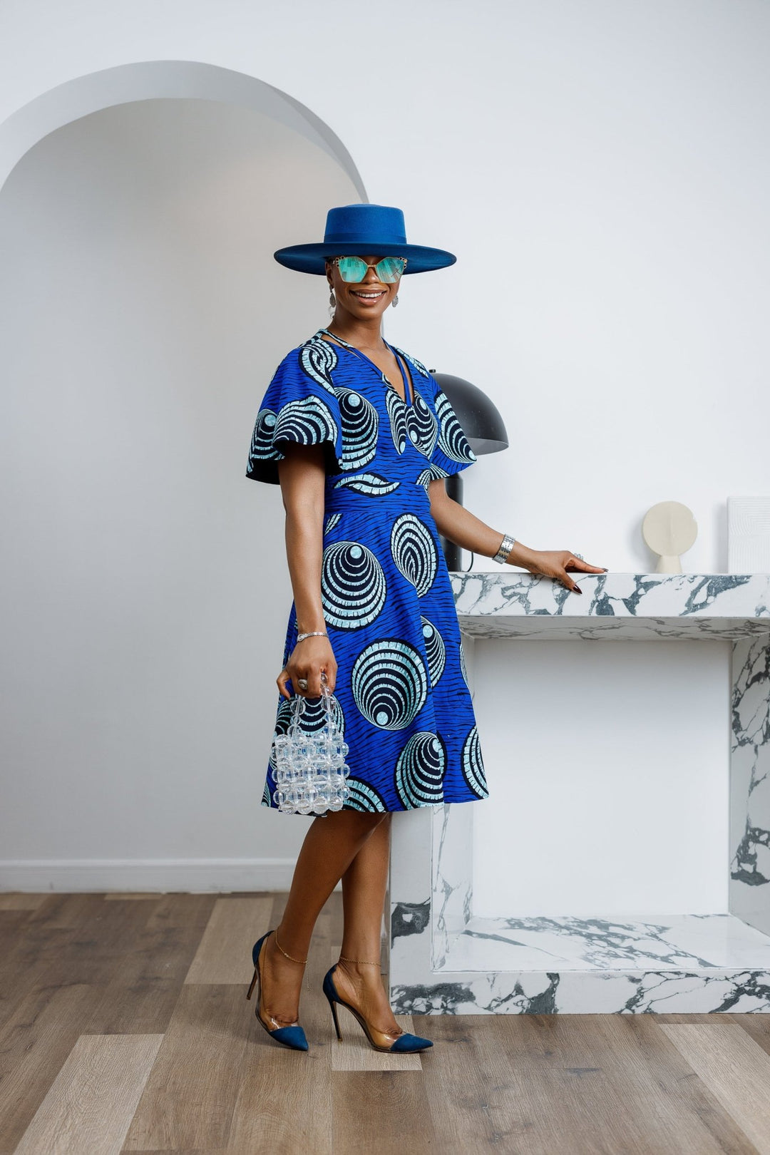 TOSIN AFRICAN PRINT FLUTTER SLEEVE DRESS [BLUE] - Especially Yours