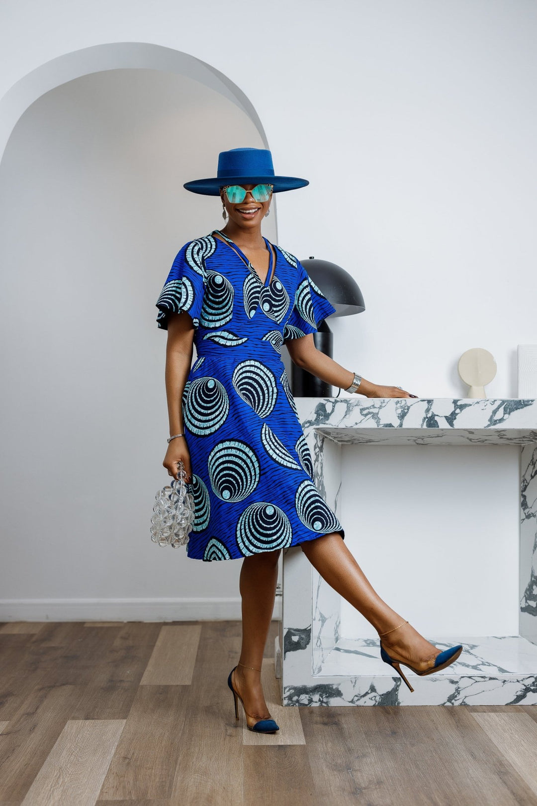 TOSIN AFRICAN PRINT FLUTTER SLEEVE DRESS [BLUE] - Especially Yours