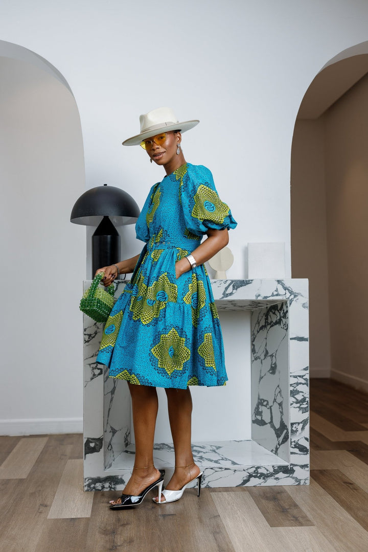 BUNMI AFRICAN PRINT MIDI DRESS [TEAL BLUE] - Especially Yours