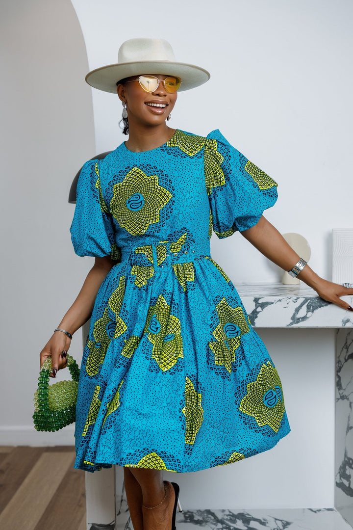 BUNMI AFRICAN PRINT MIDI DRESS [TEAL BLUE] - Especially Yours
