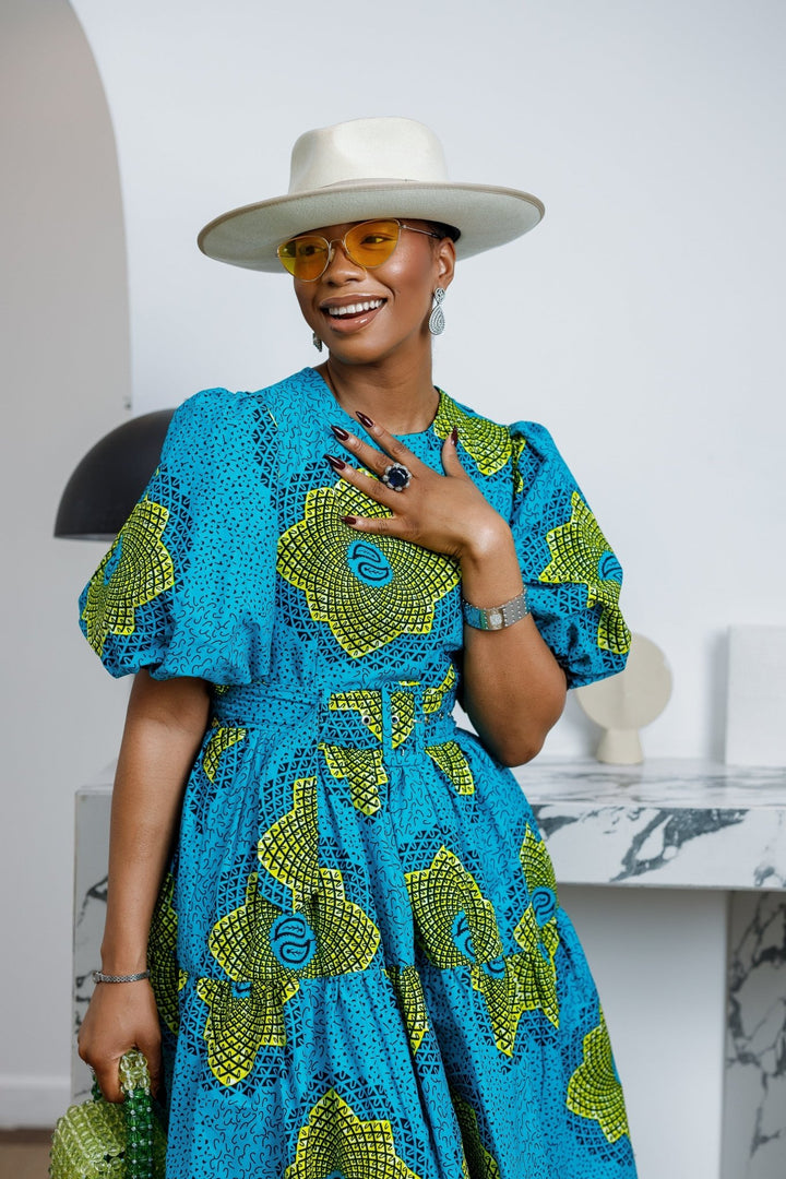 BUNMI AFRICAN PRINT MIDI DRESS [TEAL BLUE] - Especially Yours